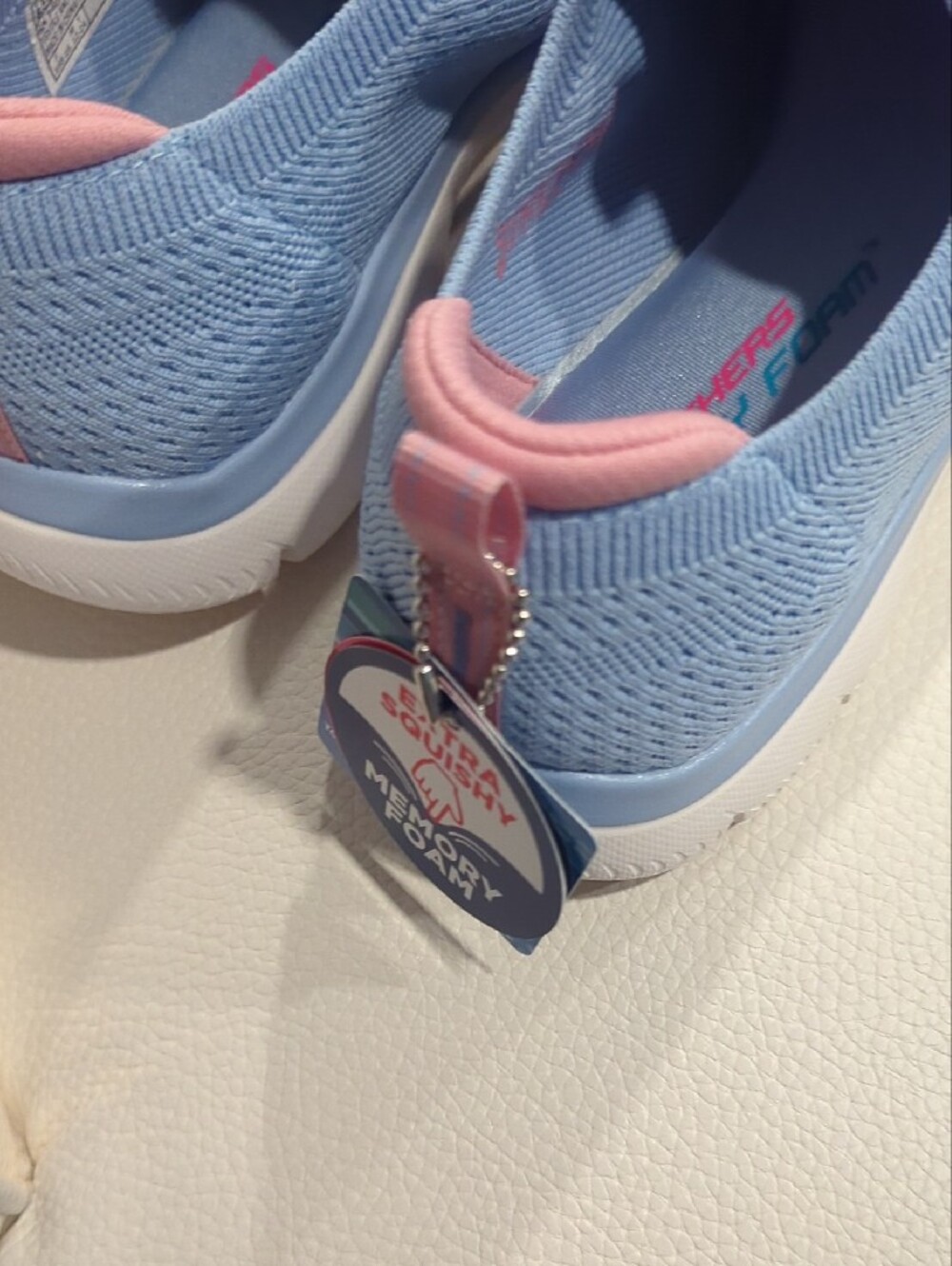Skechers Women’s Light Blue Slip-On Knit Sneakers with Pink Lining - Picture 3 of 4